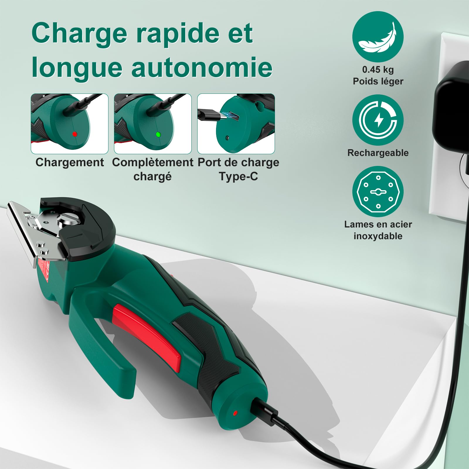 HYCHIKA Ciseaux Electrique Tissu Couture 4V, Ciseaux Electrique 300 tr/min, Avec 2 Lames et LED, Cutter Rotatif Couture pour Tissu, Couture, Cuir, Tapis, Carton, Plastique