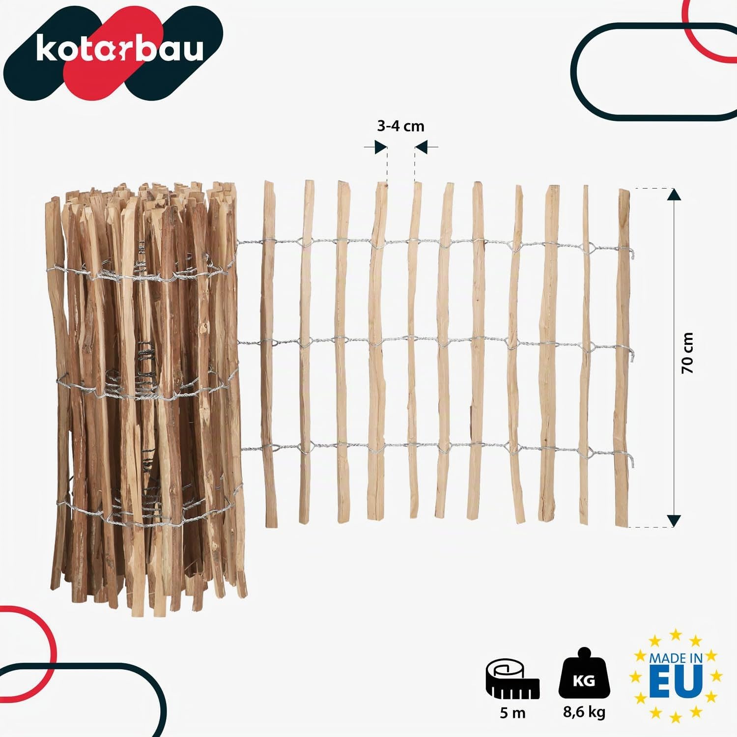 KOTARBAU® Staccionata in Legno per Giardino, Recinzione Legno 0,7 x 5 m