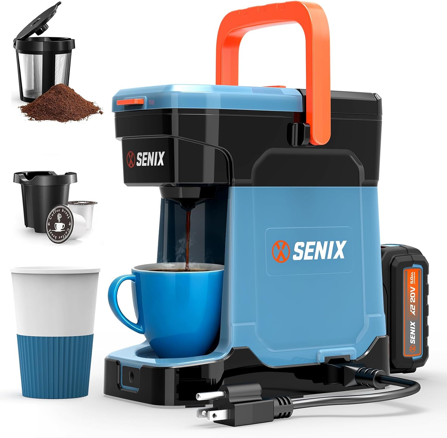 Senix Caffettiera Monoporto, Portatile, Batteria 2-in-1 20V 5.0 Ah, Caricabatteria e Cavo di Alimentazione, Compatibile con K-Cups, Terra, Cialde, 8 once Dimensioni Brew - per Viaggi, Campeggio, To-Go, Cantiere, Casa (CMX2-M4)