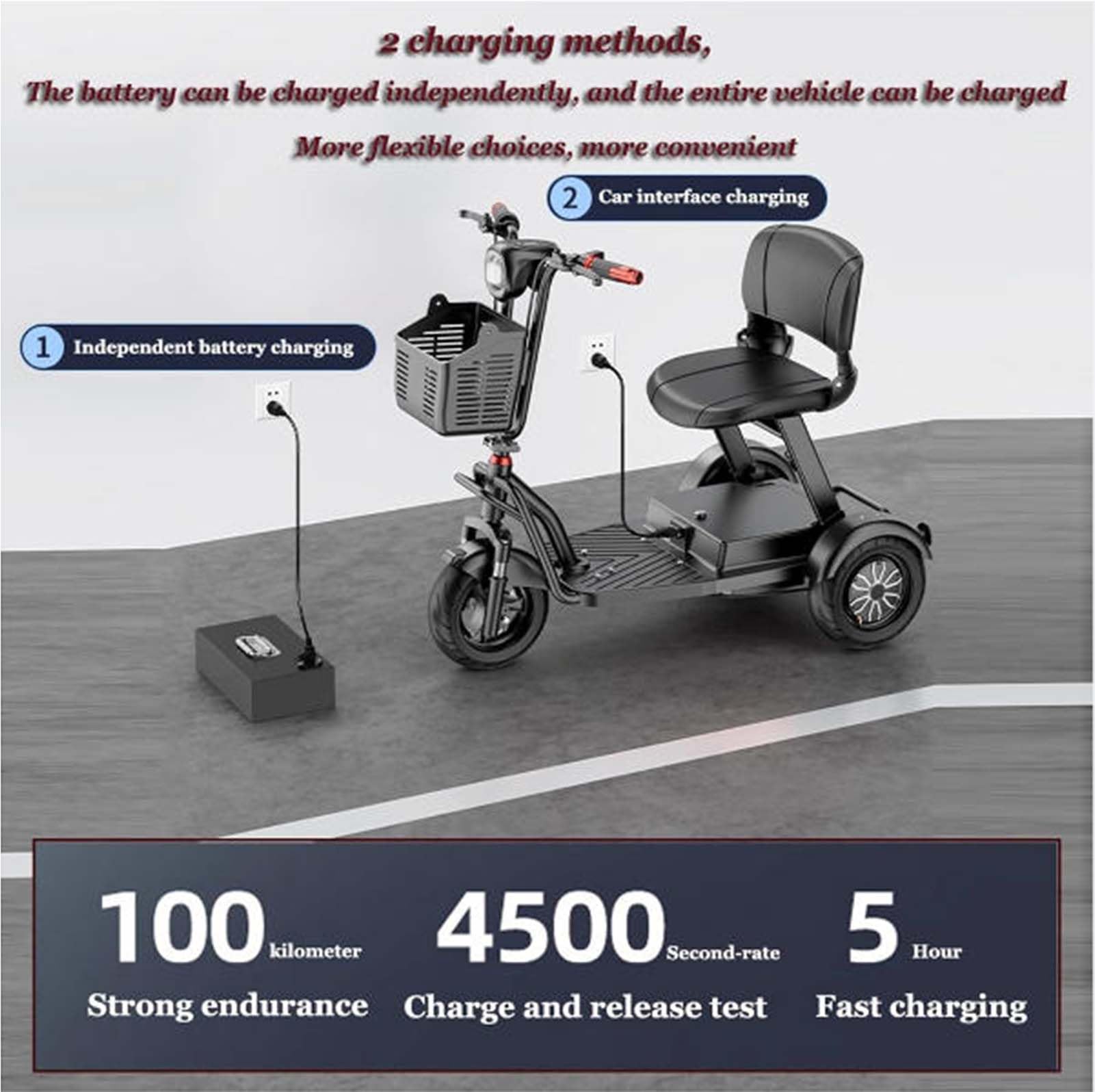 Generico Scooter per Mobilità a 3 Ruote Leggero e Pieghevole per Adulti e Anziani con Sedile Ergonomico e Batteria Rimovibile con Cestino