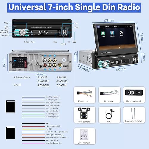 Miniatura 6 de Estéreo de coche con pantalla abatible DIN individual con Apple Carplay inalámbrico y Android Auto, pantalla táctil de 7 pulgadas 1 DIN compatible