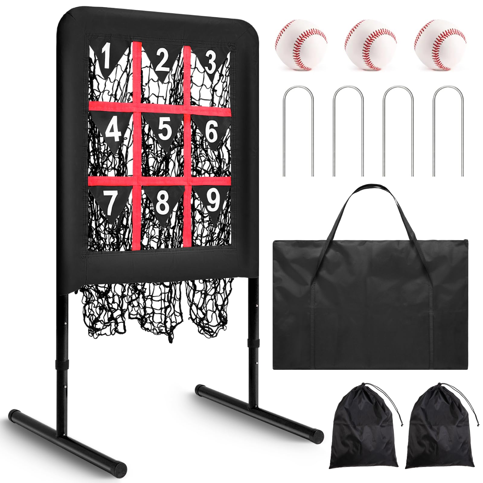 Pitching Net, 9 Hole Baseball Pitching Net with Strike Zone, Durable Baseball Net with 9 Pocket Pitching Target, Adjustable Softball Pitching Net with