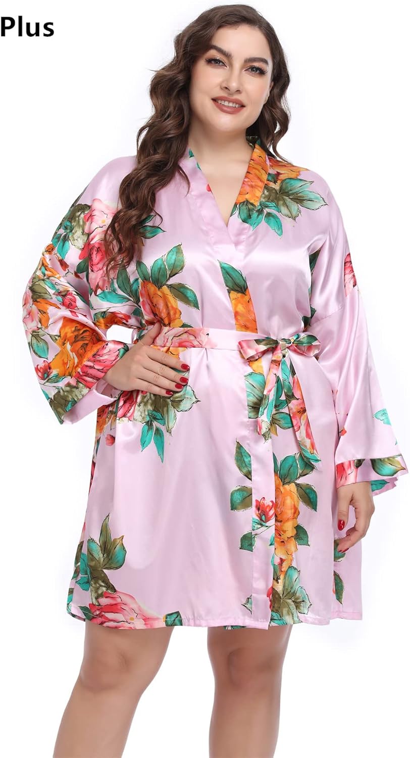 MissNina Women's Floral Satin Kimono Robes Short Silky Bridesmaid Robes Sleepwear - Image 4