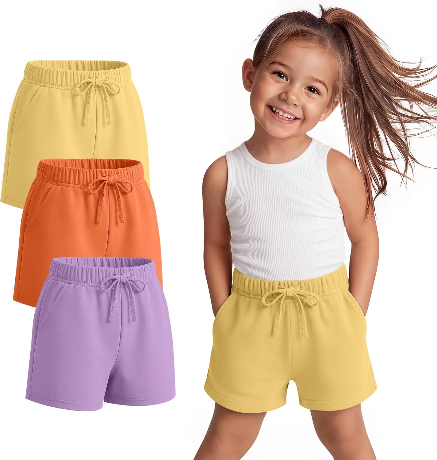 3 Pack Toddler Girls Shorts Baby Summer Athletic Shorts Infant Casual Soft Drawstring Clothes with Pockets