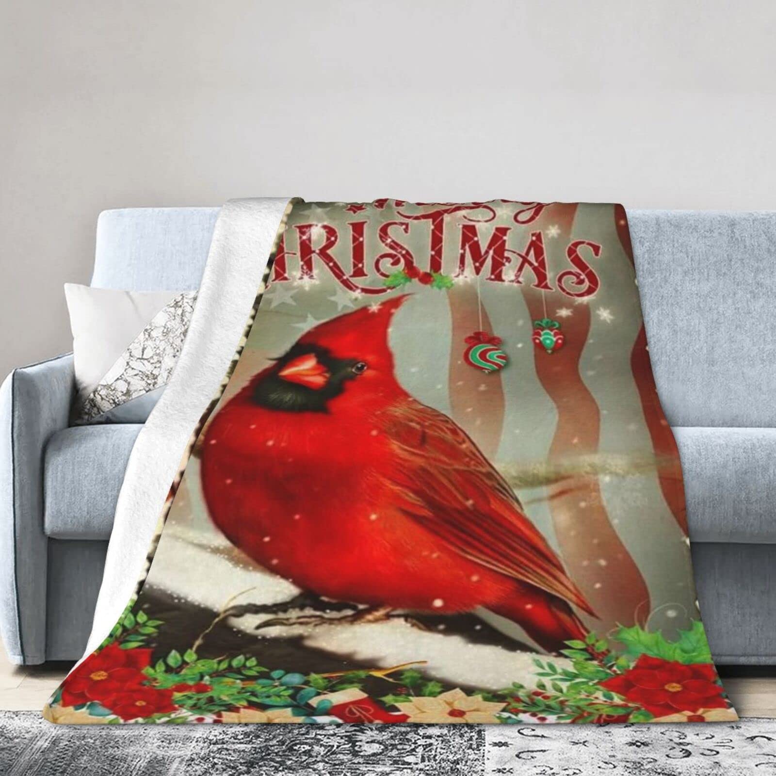 Lsjuee Christmas Flannel Fleece Blanket 60"X50" Cardinal Merry Christmas Sofa Throw Blanket Quality Ultra-Soft Travel Winter Blankets for Girls Keep Warm