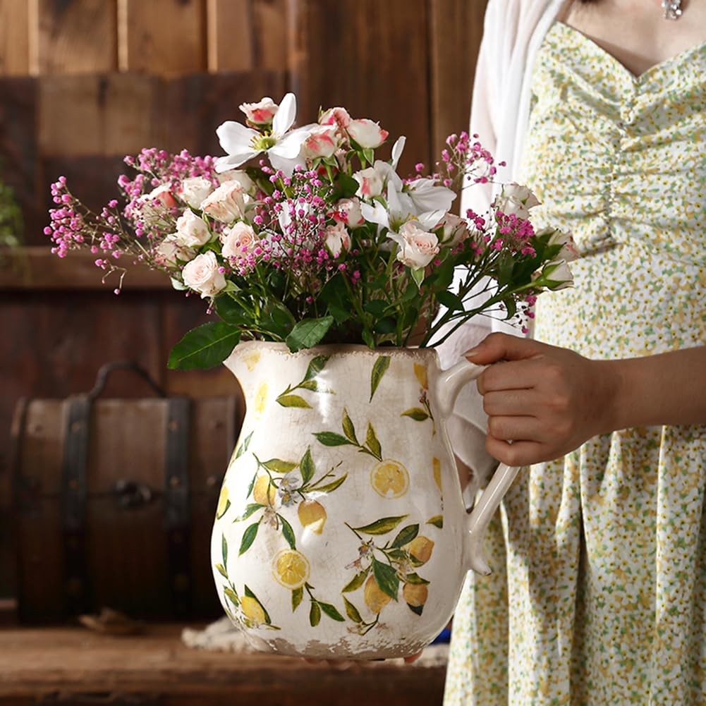 XIUWOUG Ceramic Rustic Farmhouse Vase,Distressed Pitcher Vase for Home Decor,Vintage Vases Table Centerpieces for Dining Room Living Room Bedroom