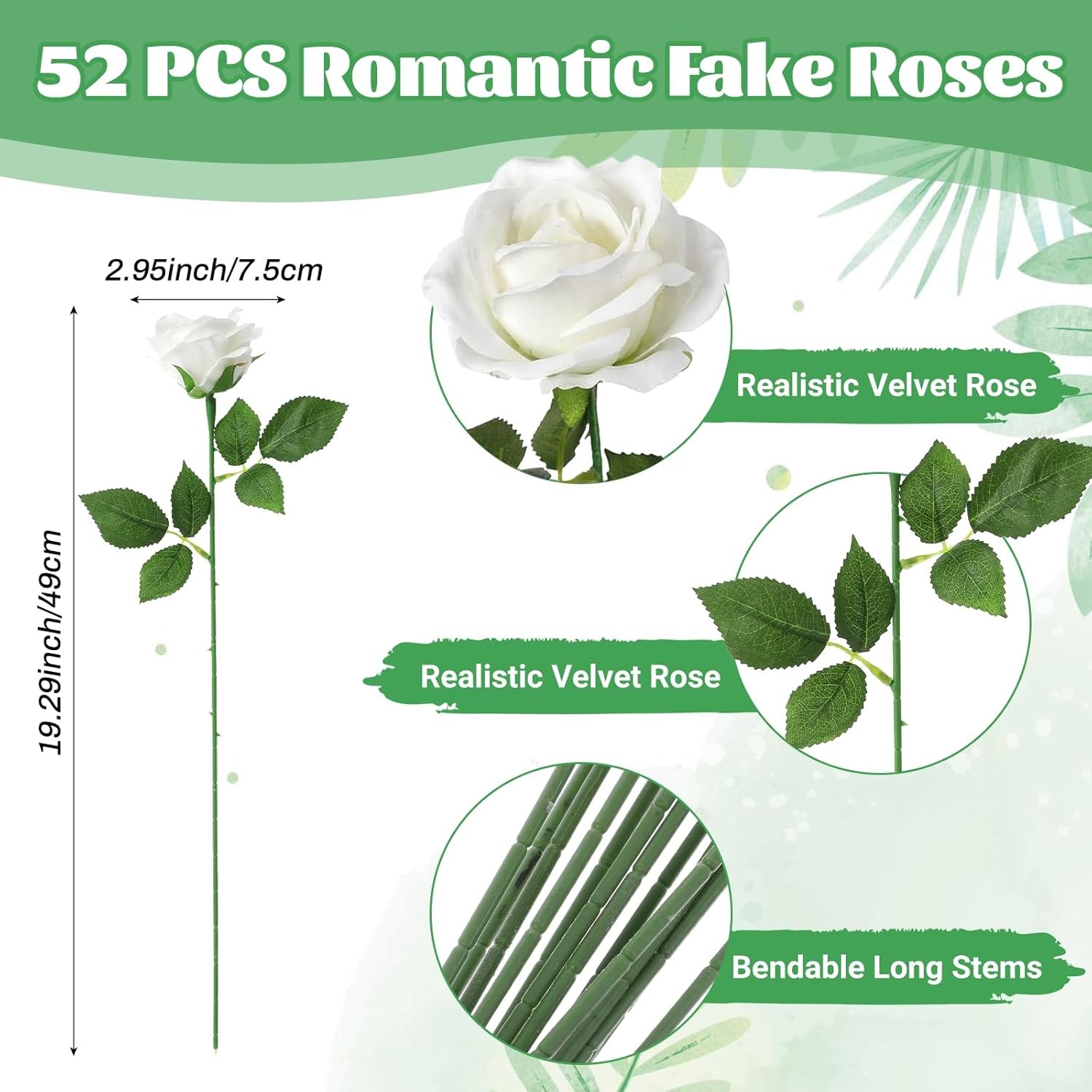 Grevosea 52 Pcs White Roses Artificial Flowers, Silk Velvet Faux Flowers with Long Stems Rose Bulk Faux Flower for Wedding Centerpieces Bridal Bouquet Mohter's Day Valentine's Day Home Decor(White)