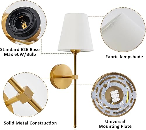 Miniatura 7 de Juego de 2 apliques de pared, lámparas de pared industriales retro, apliques de tocador de baño con pantalla de tela blanca, adecuados para