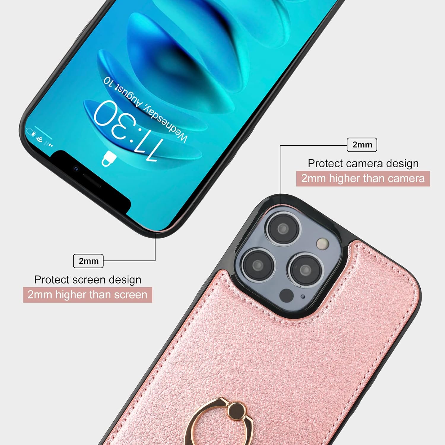 Folosu Compatible with iPhone 14 Pro Max Case Wallet with Card Holder, 360°Rotation Finger Ring Holder Kickstand, RFID Blocking Leather Protective Double Buttons Shockproof Cover 6.7 Inch Rose Gold - Image 8