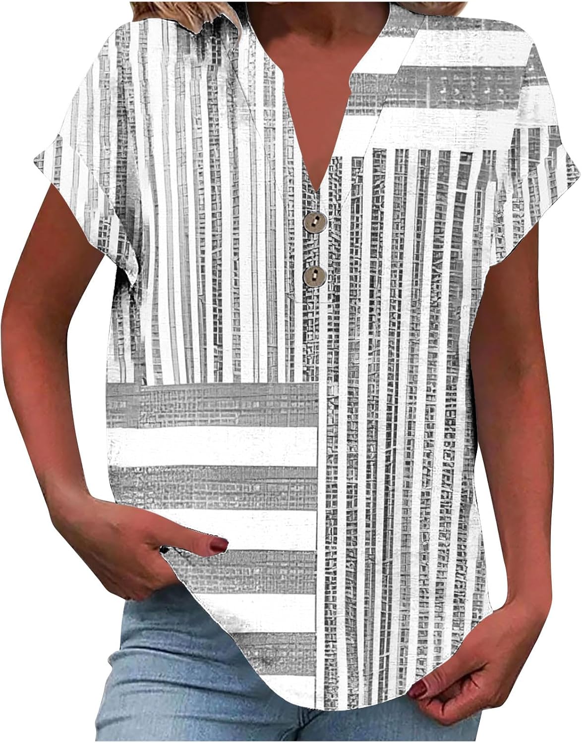 Casual Striped Linen Tops for Women Short Sleeve Button Down V Neck T Shirts Soft Summer Vacation Shirt