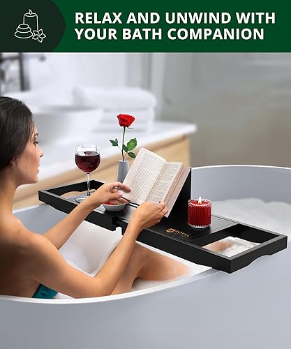 Miniatura 5 de Royal Craft - Bandeja de bambú para bañera con soporte para libro y vino Bambú Negro,Negro (plegable),Bambú carbonizado (marrón),Gris