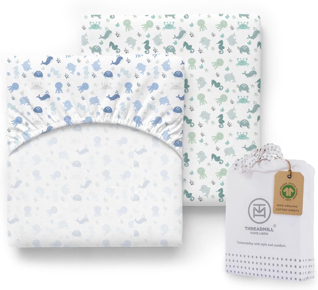 Threadmill Organic Baby Crib Sheets for Boys & Girls | 100% Organic Cotton Fitted Crib Sheet for Standard Crib Mattress | 2 Pack Unisex Cozy Toddler Sheets, Machine Washable | Meezo