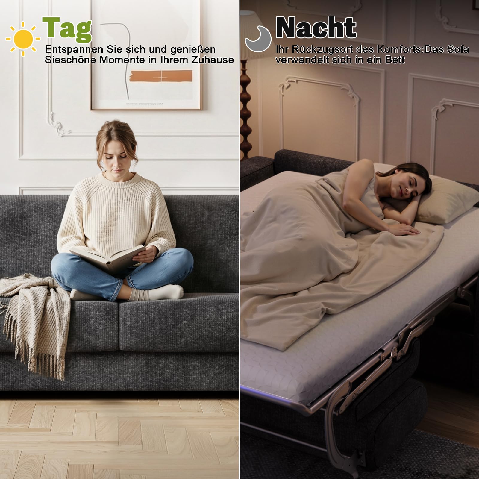 Devoko Schlafsofa mit Matratze 2 Sitzer Sofa 190 cm breit mit Schlaffunktion Ausziehbares Schlafcouch Chenille Couch Klappsofa für Wohnung und Wohnzimmer, Schwarz