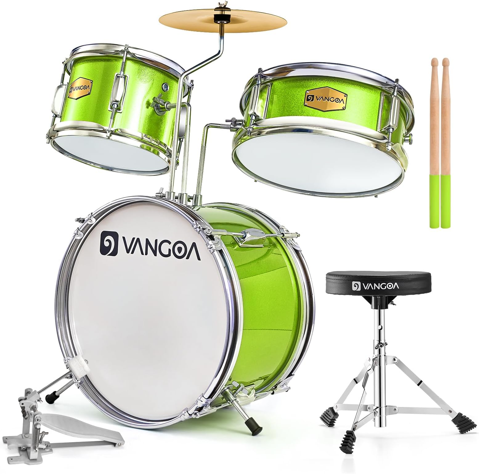 Vangoa Kids Drum Set, 14 Inch Beginner Drum Kits, 3 Piece Drum Set for Kids Boys Girls with Adjustable Throne, Cymbal Pedal, Drumsticks, Bright Green