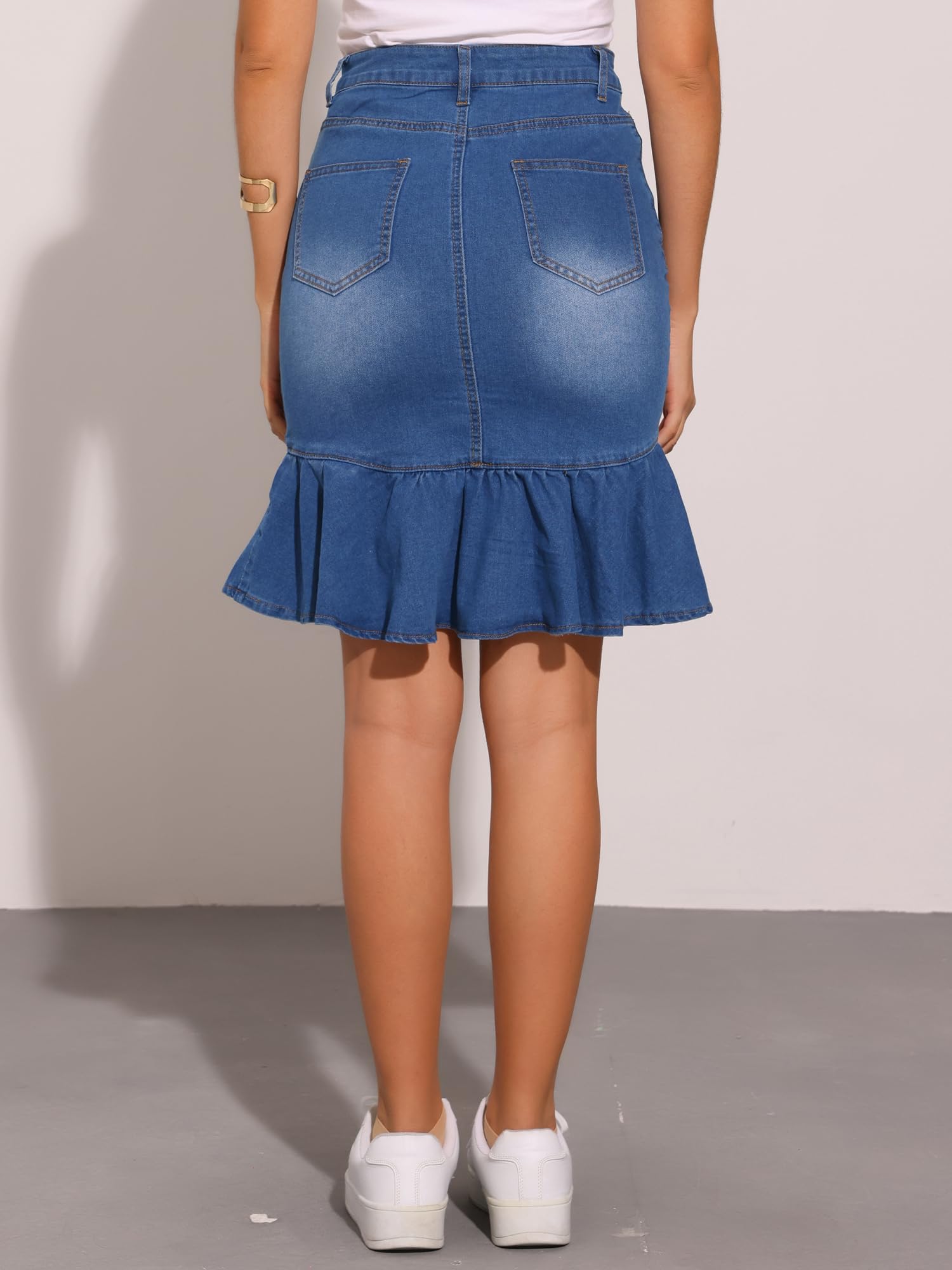 Allegra K Jupe en Jean Femme Longueur Genou Jupe Moulante Sirène à Volants Ourlet en Queue de Poisson Jupe Taille Haute Vintage