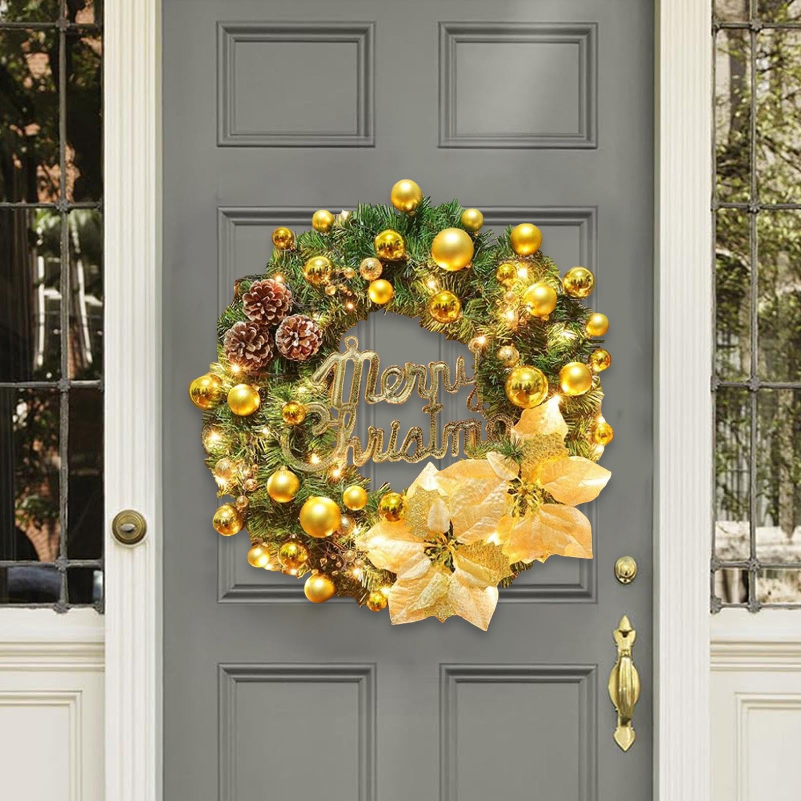 Guirnalda de Navidad con Luces, Guirnalda de Navidad iluminada | Guirnalda para Puerta de Navidad,Guirnalda navideña para Exteriores de 15,75 Pulgadas Decorada con de Colección navideña para