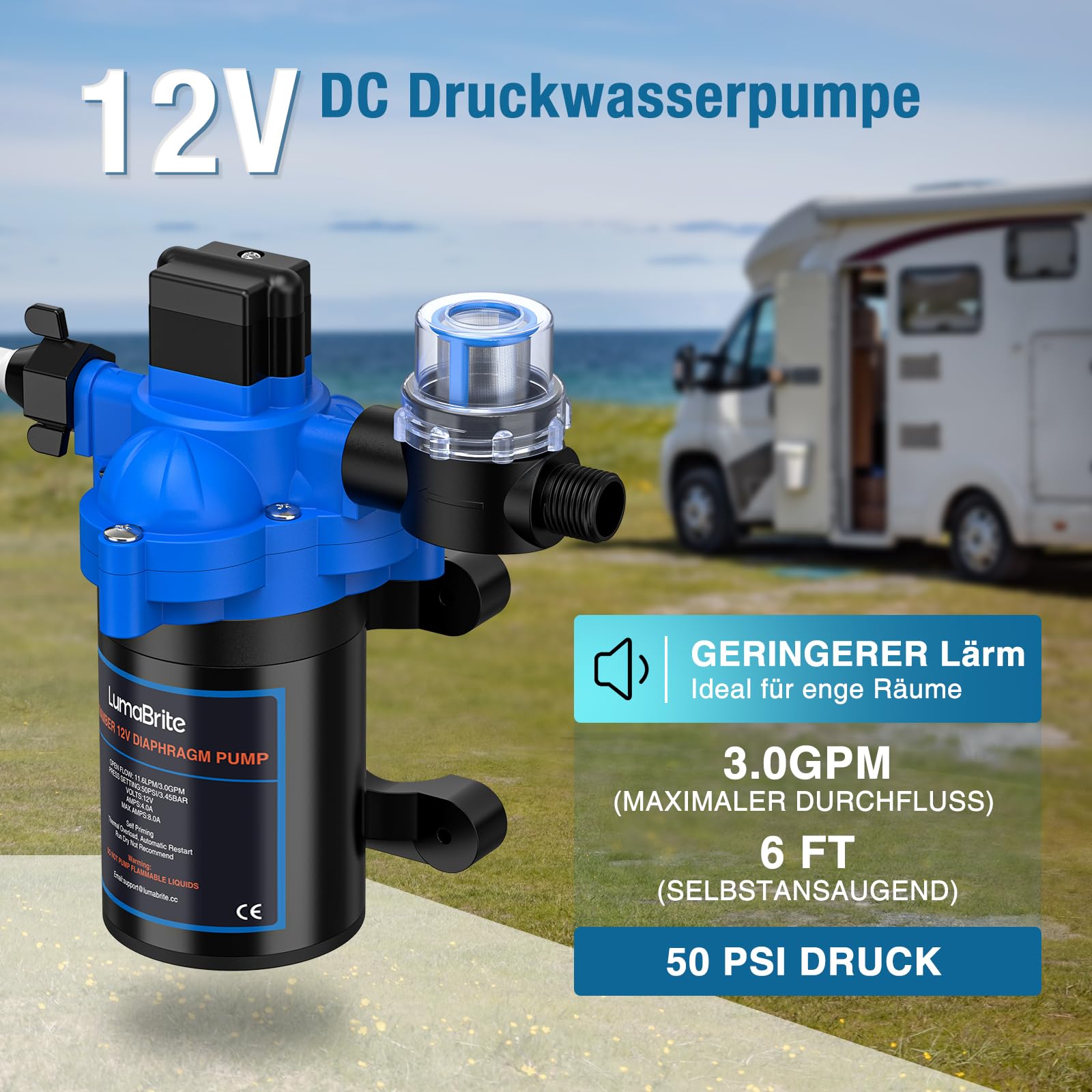 Wasserpumpe 12V Druckwasserpumpe, 3.0 GPM 50 PSI Wasserpumpe Selbstansaugend mit Druckschalter Wohnwagen 12v Membranpumpe für Camping Gartenbewässerung, Boote