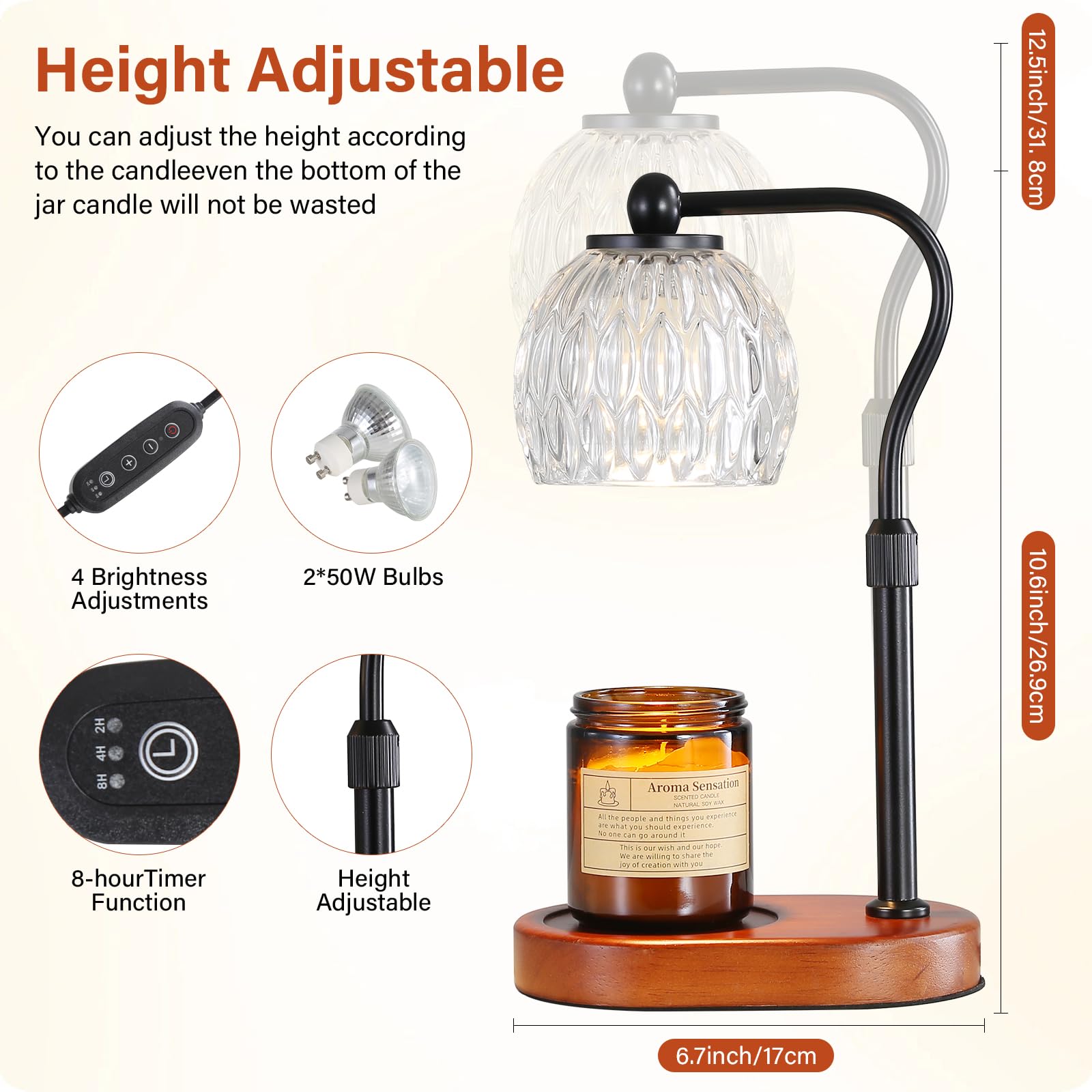 KPUY Lampe chauffe-bougie, Lampe chauffe-bougie avec minuterie et gradateur Chauffe-bougie Bougies parfumées réglables en hauteur, avec 2 ampoules pour bougie en pot Bougie parfumée sans flamme, noir