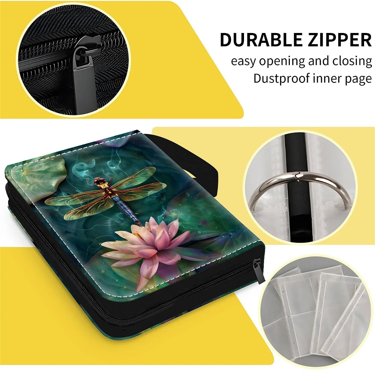 Card Binder 400 Pockets, 50 Sleeves Large Binder Trading Cards Holder 4 Pocket, Storage Organizer, Album Folder Case Protector Collector Gift Colourful Dragonfly Pink Lily Pads Resting