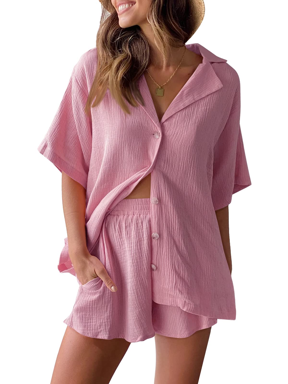 AUTOMET2 Piece Outfits For Women Lounge Sets Pajama Sets Long Sleeve Button Down Oversized Shirts And Shorts Fall Tracksuit