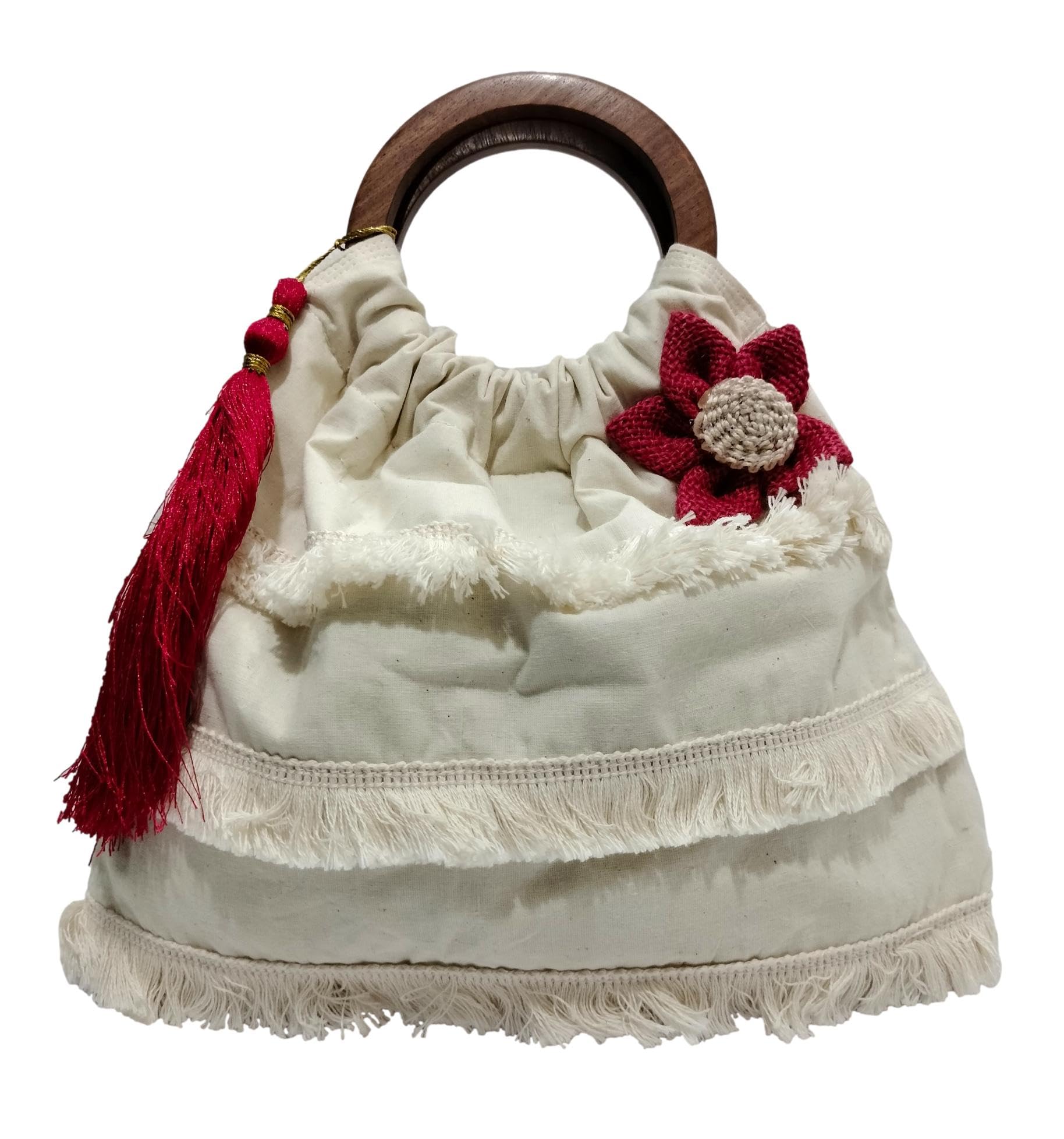 athizay Women Handbags handcarfted tassel hanging jute Flower embellishment Wooden top handle artisan bags traditional potli inspired-picture-11