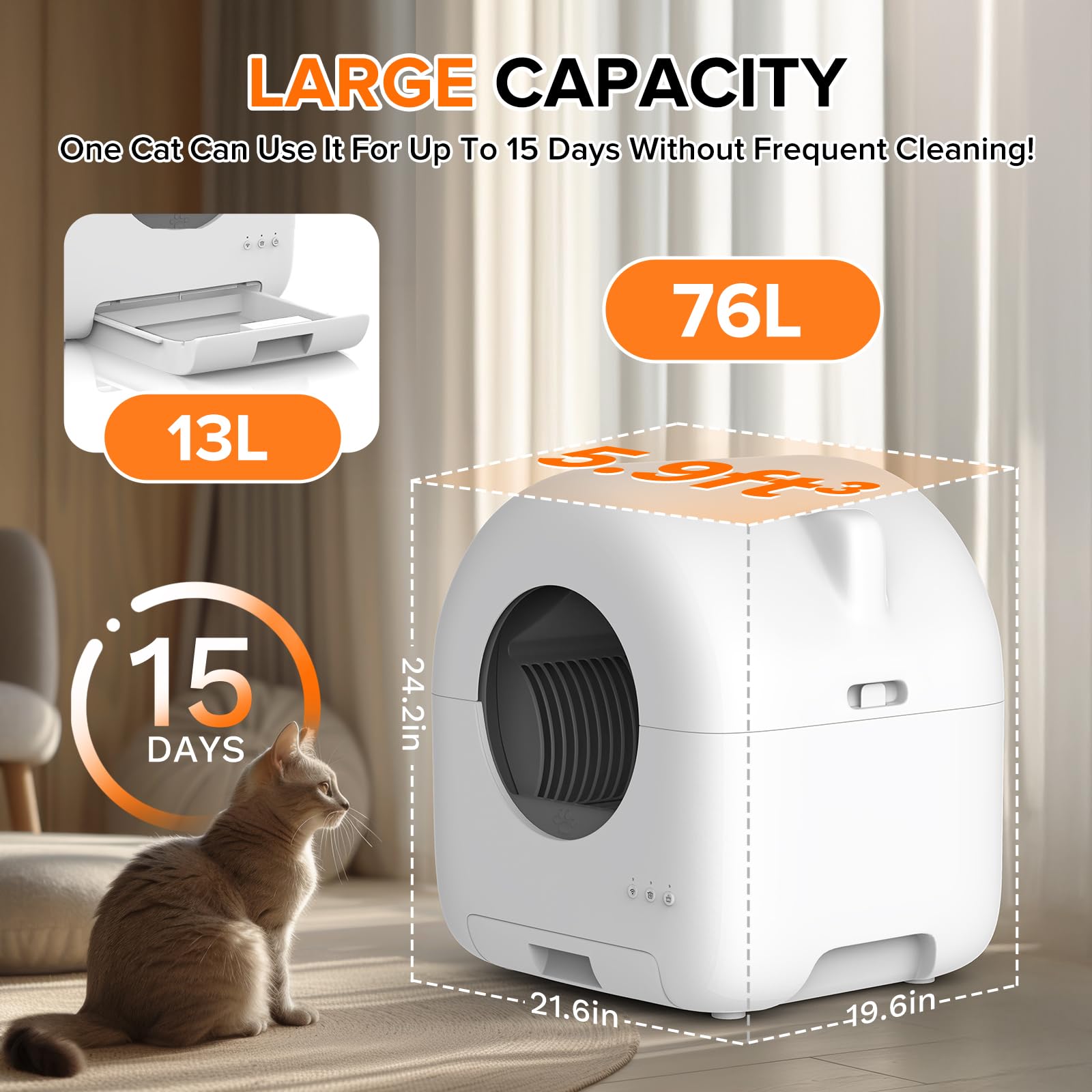 Self Cleaning Litter Box, Large Capacity Automatic Cat Litter Box Self Cleaning for Cats - App Control Safety Protection with Trash Bags, Deodorizer and Cleaning Brush