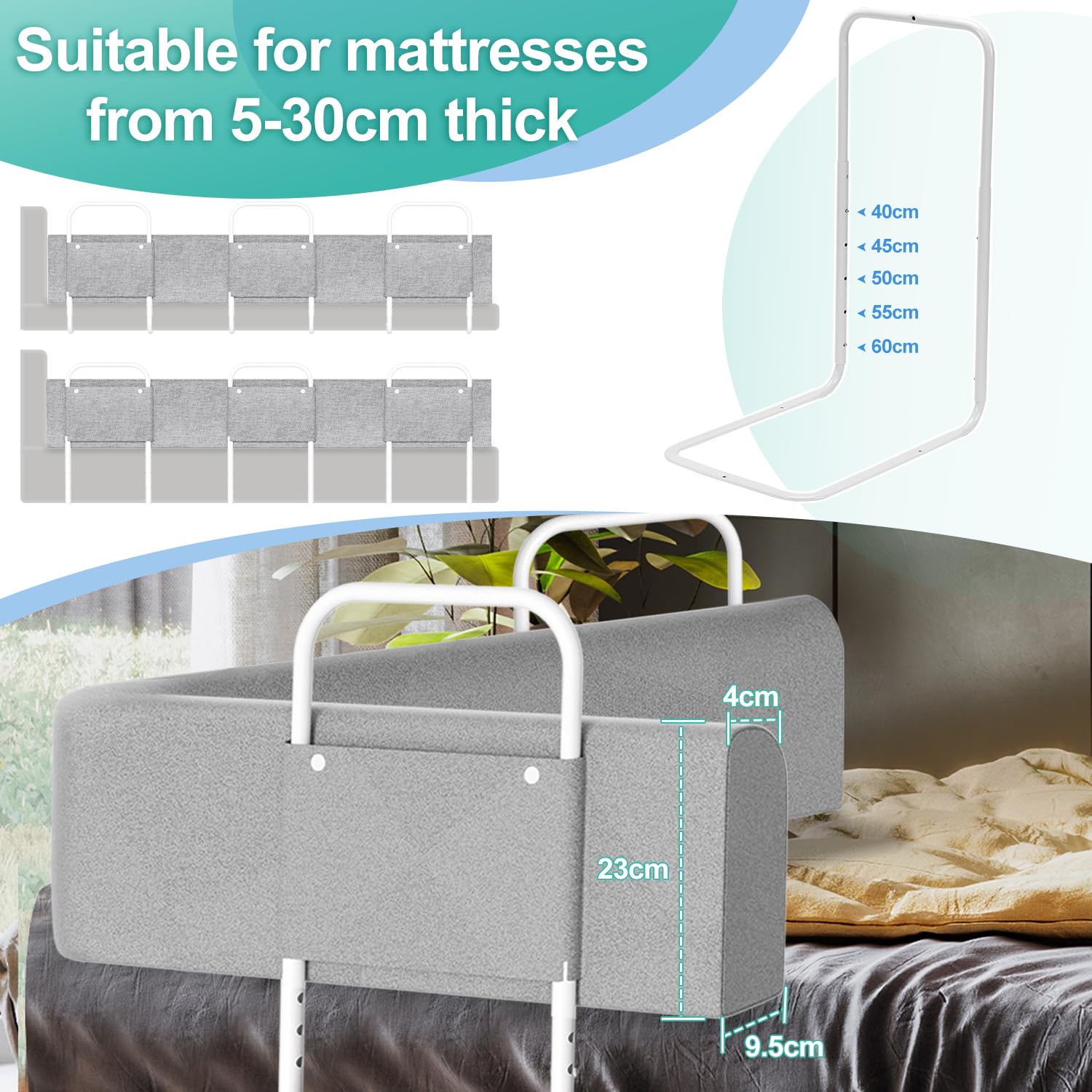 2 Piezas Barrera de Cama para niños de 180 cm, 5 Agujeros Regulables en Altura, barandilla para Cuna Forma Ajustable, Seguro y fácil de Montar, Gris
