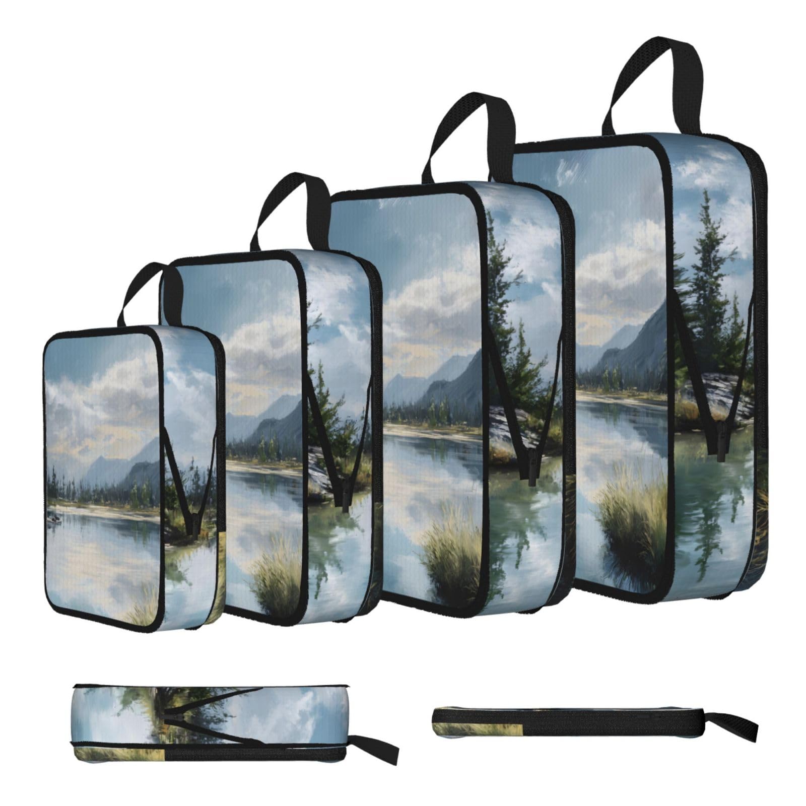 Tranquil Lake Print 4 Set Compression Packing Cubes For Suitcases,Expandable Storage Bags Organizers