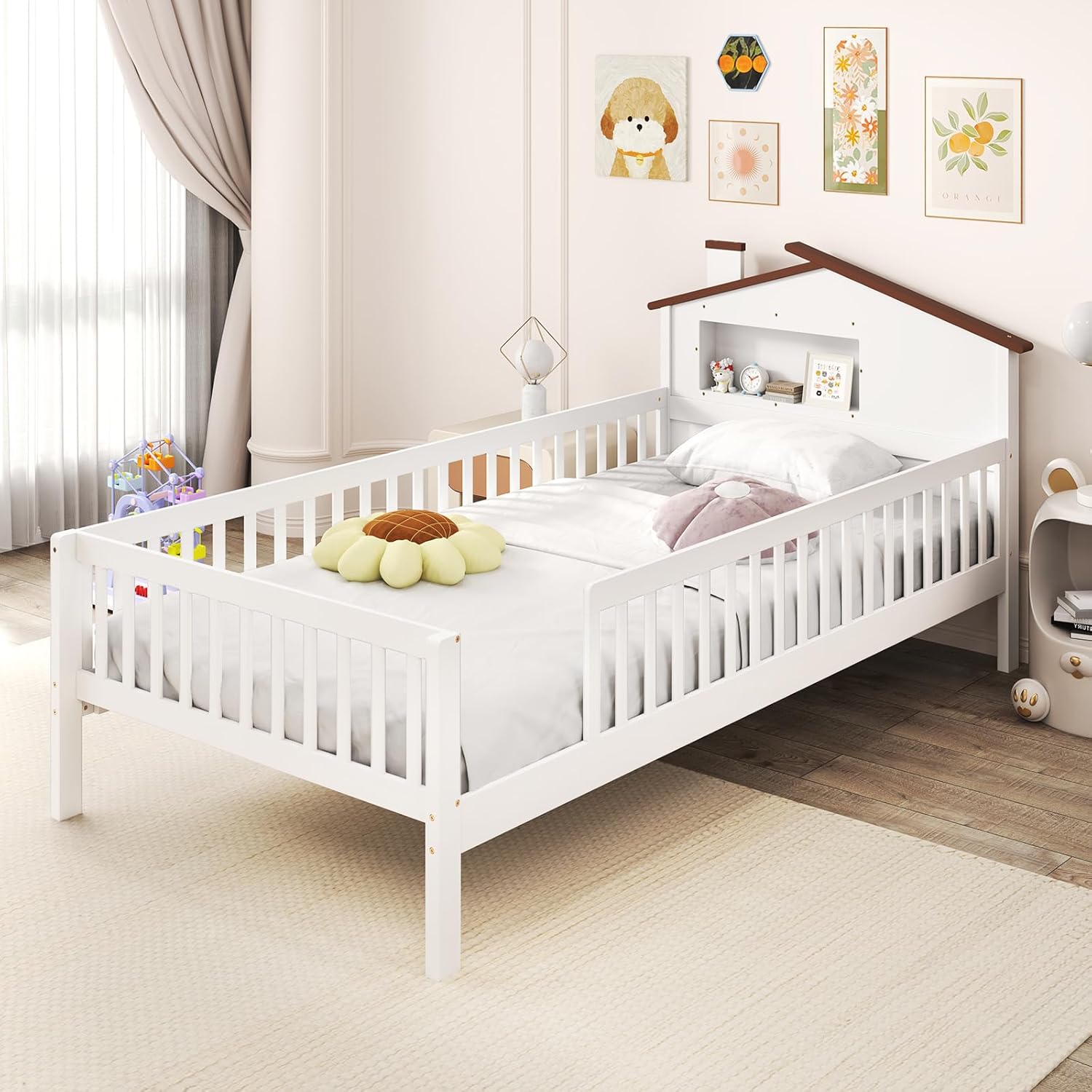 Giantex Twin Kids Bed Frame, Solid Wood Montessori Bed with Guardrails & House-Shaped Headboard, Built-in Storage Shelf, No Box Spring Needed, for Boys Girls, White