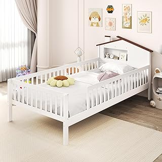 Giantex Twin Kids Bed Frame, Solid Wood Montessori Bed with Guardrails & House-Shaped Headboard, Built-in Storage Shelf, No Box Spring Needed, for Boys Girls, White