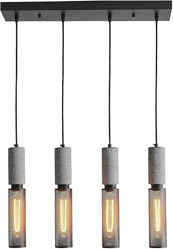 Lámpara colgante lineal de hormigón de 4 luces con pantalla de malla metálica, moderna iluminación colgante industrial de cemento para cocina, isla,