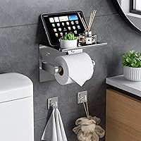 Vista 37 de Tindbea Toilet Paper Holder with Phone Shelf + Towel Robe Hooks, Adhesive or Screw Wall Mounted Toilet Paper Roll Storage, Stainless Steel Bathroom