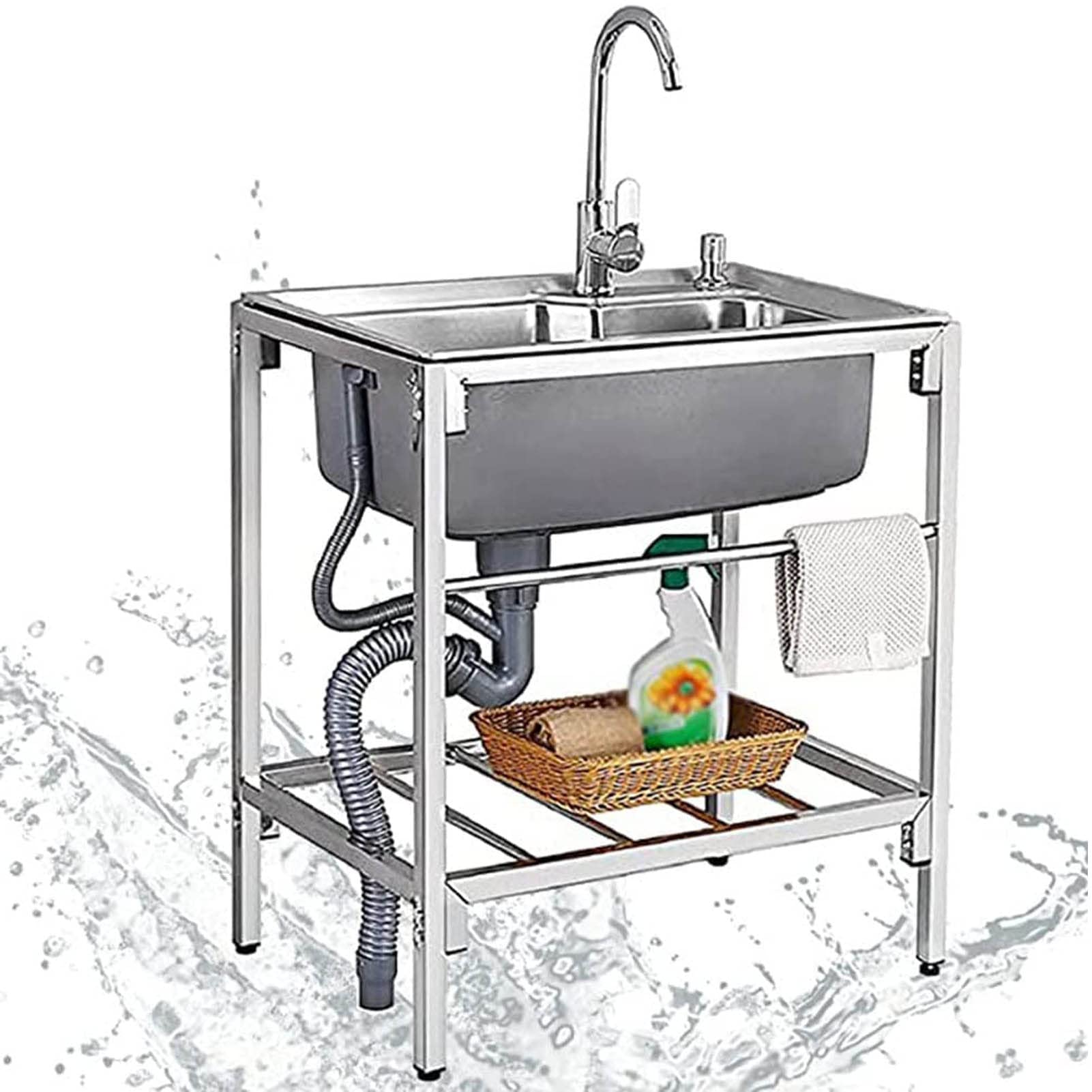68 * 44cm Stainless Steel Single Bowl, Kitchen Sink Sinks with Faucet and Storage Shelf Stainless Steel Commercial Sink for Restaurant Outdoor Laundry Bar