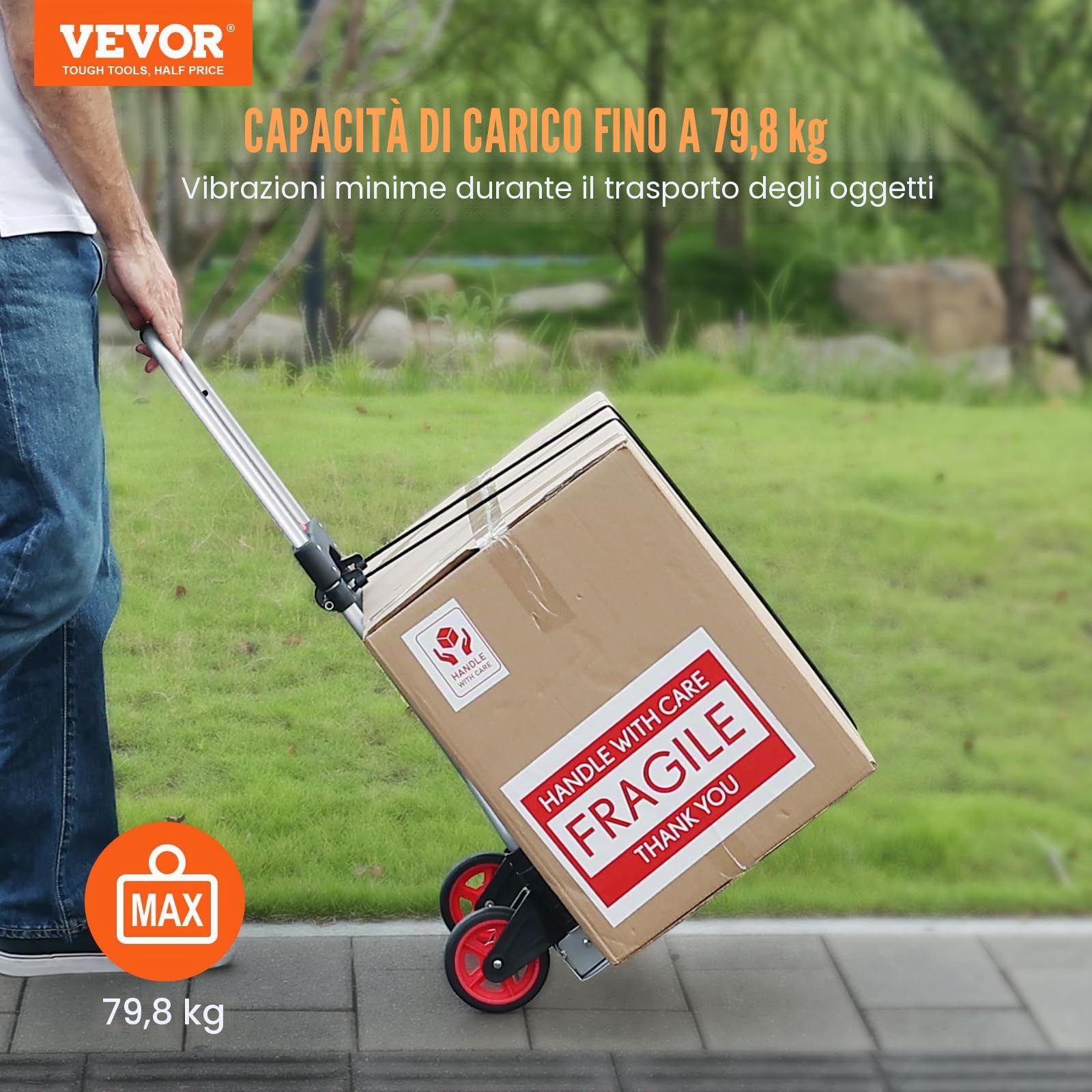 VEVOR Carrello a Mano Pieghevole Portata Max. 80 kg Carrello a Mano in Alluminio Pieghevole per Carichi Pesanti con Ruote in Gomma Maniglia Telescopica per Trasporto Domestico Merci di Magazzino 80kg
