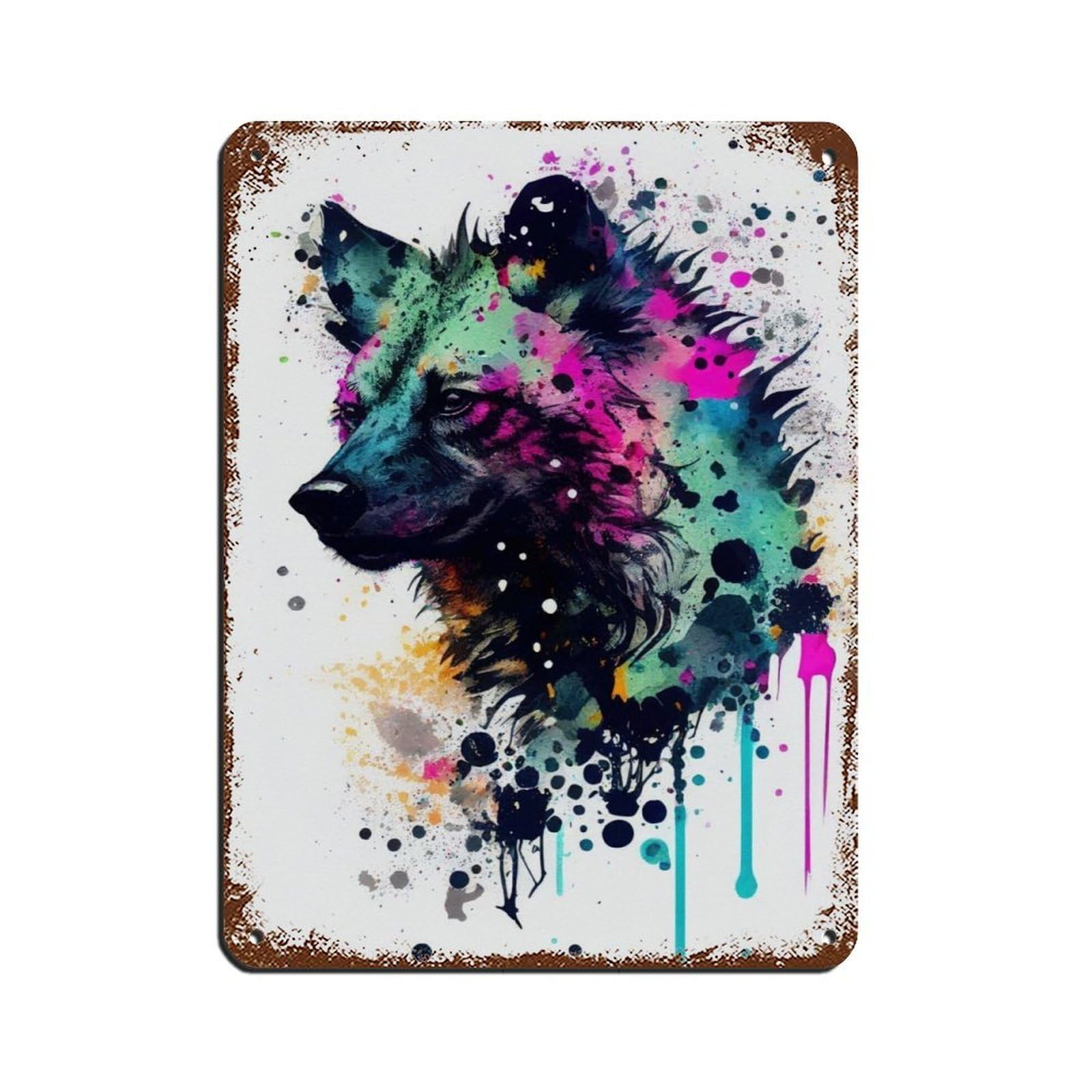 Watercolour Hyenas Portrait Poster Tin Sign Vintage Metal Pub Club Cafe Bar Home Wall Art Decoration Poster Retro 12x16inch(30x40cm)