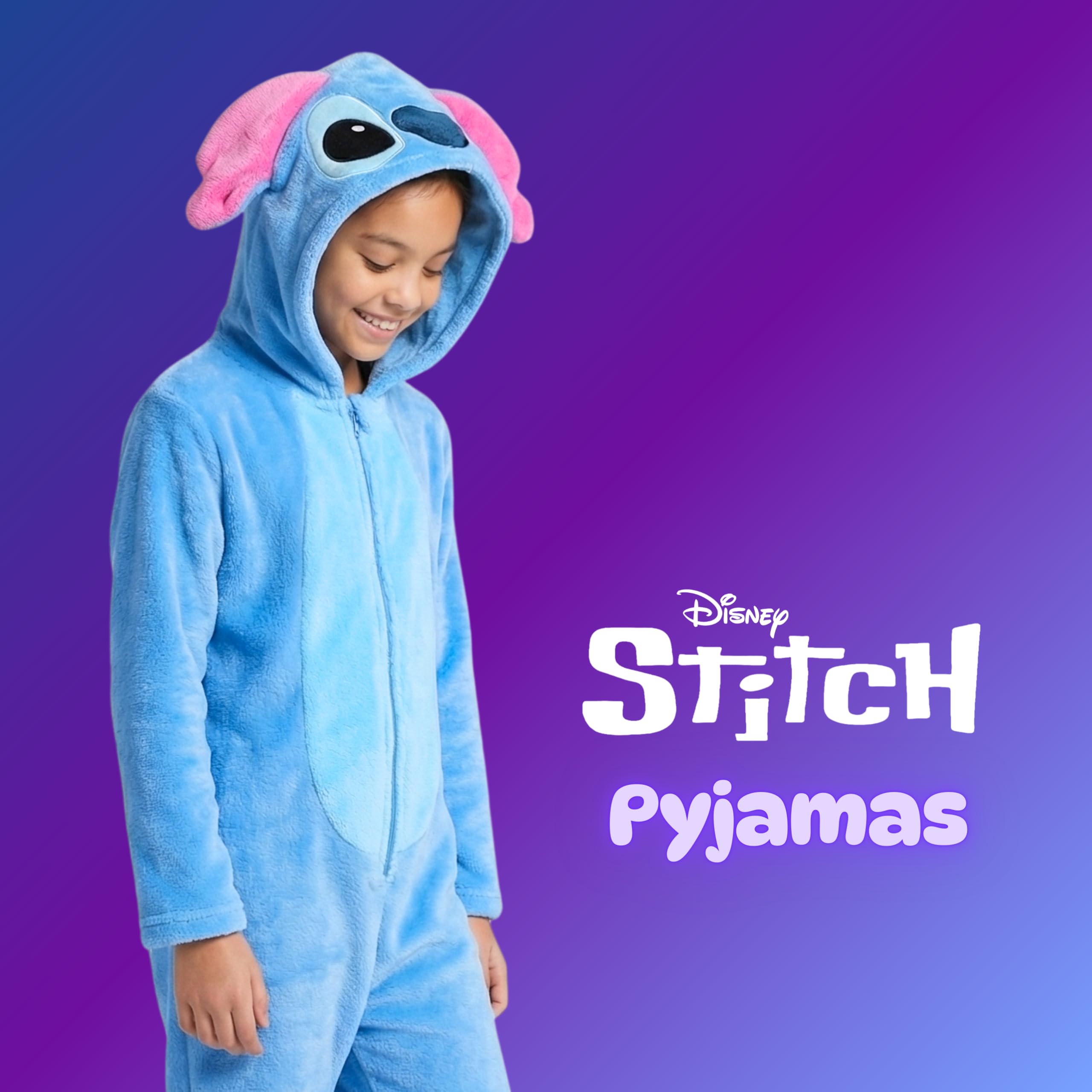Disney Stitch Pyjama pour Fille, Pyjama Une Pièce à Capuche 3D en Polaire Douce, Cadeau pour Filles et Adolescents, Tailles 6 à 12 Ans