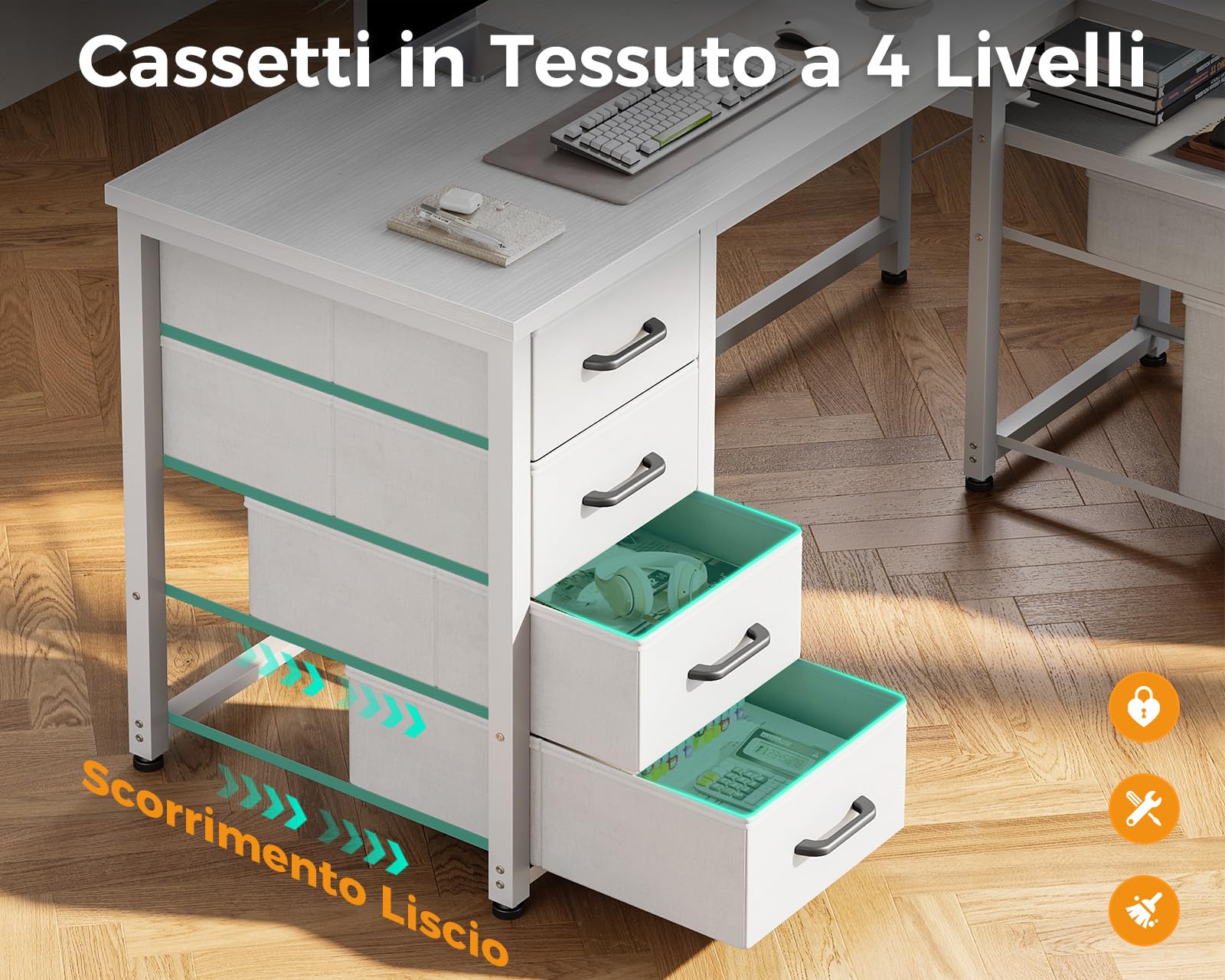 Coleshome Scrivania Angolare con Tessuto Cassetti, 140x80cm Reversibile Scrivania a l con Cassetto Portadocumenti, Scrivania per Computer con Porta di Ricarica USB e Presa di Corrente, Bianco