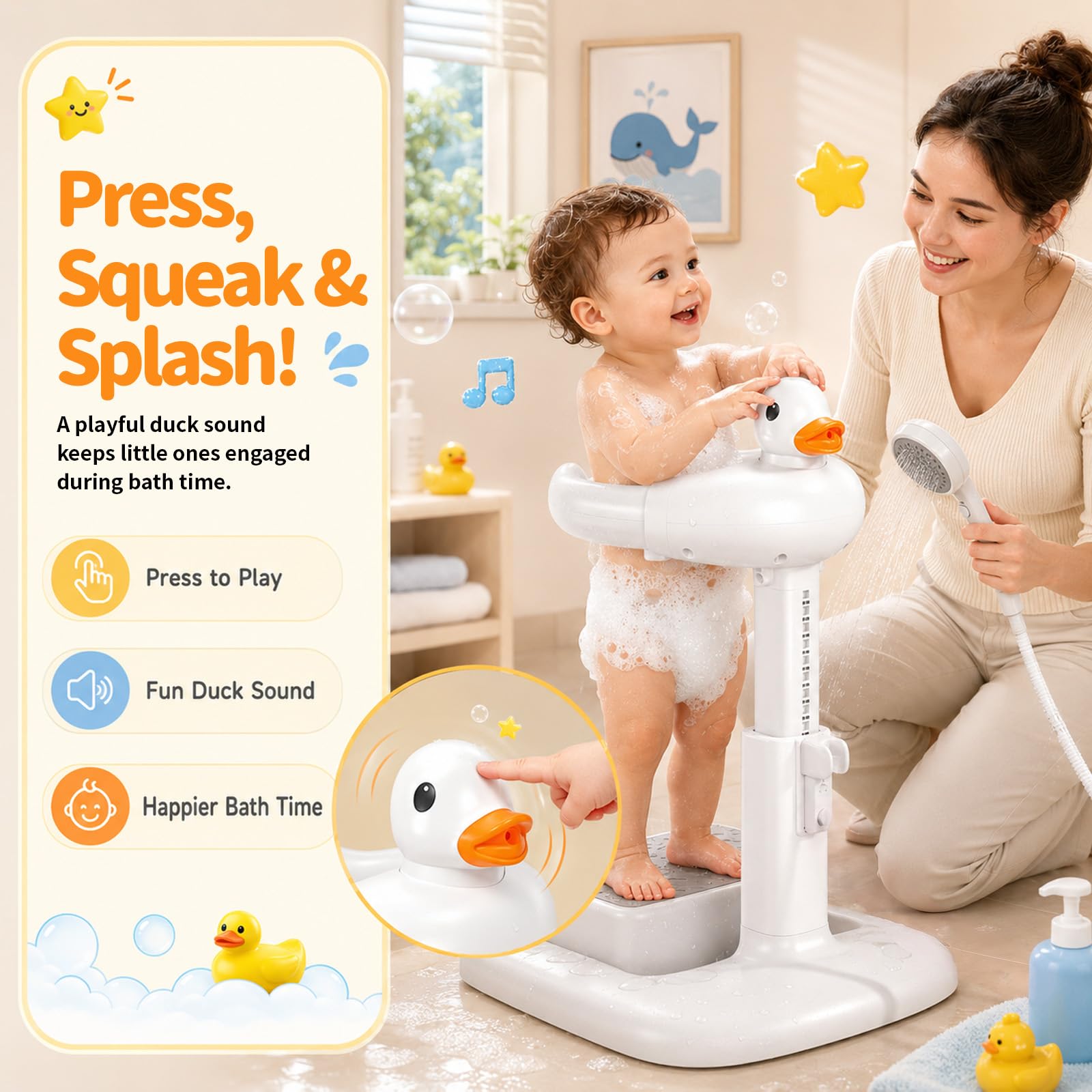 Badewannensitz Baby - Baby Badewannenständer mit Rutschfester Basis, Höhenverstellbar 45-63cm, Duschhilfe für Kleinkinder, mit Musikfunktion