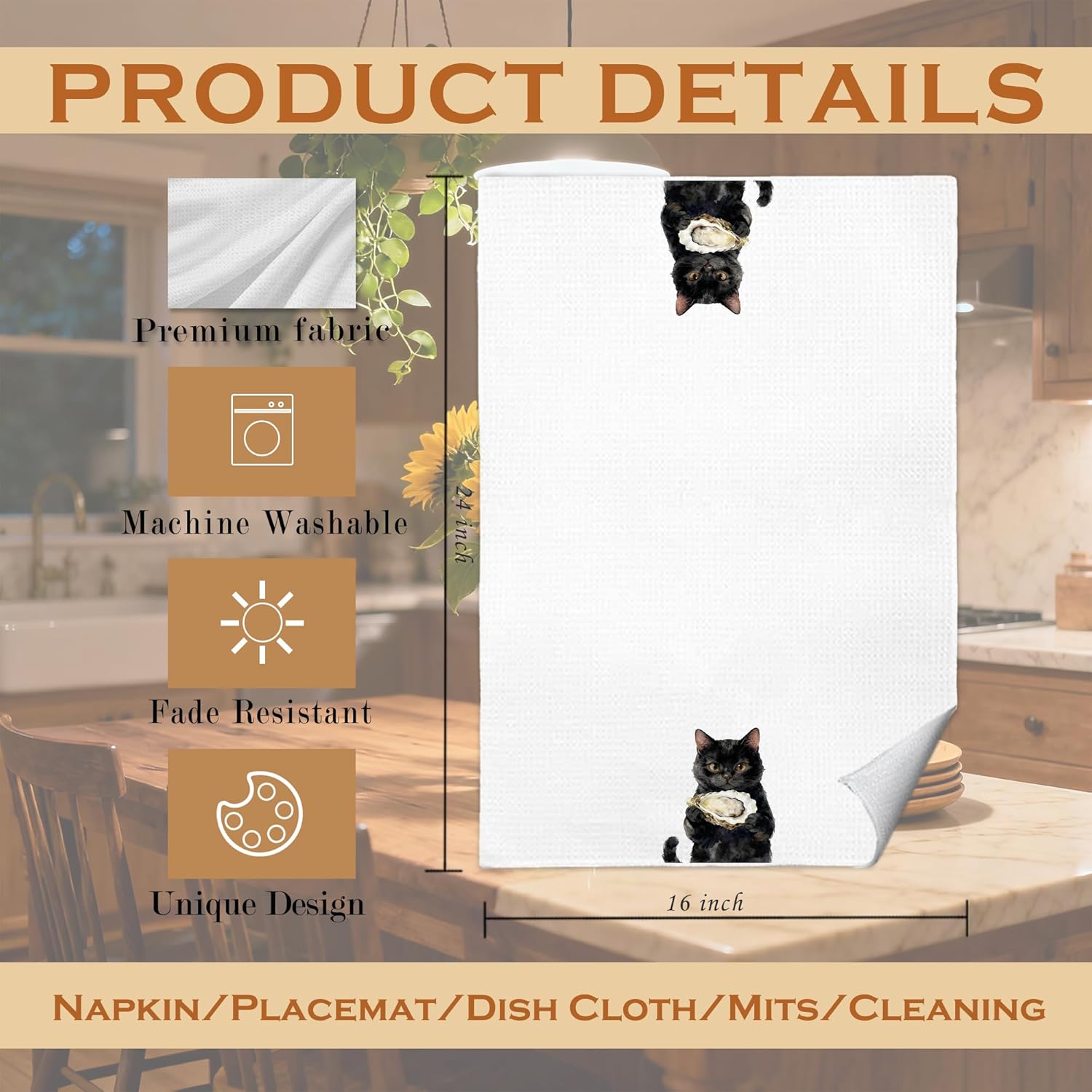 Funny Oyster Black Cat Kitchen Towels, Cat Mom Lady Lovers Gifts, Coastal Beach Black Kitty Kitten Decorative Dish Tea Hand Towels for Kitchen Bathroom, 16x24 Inches - Image 7