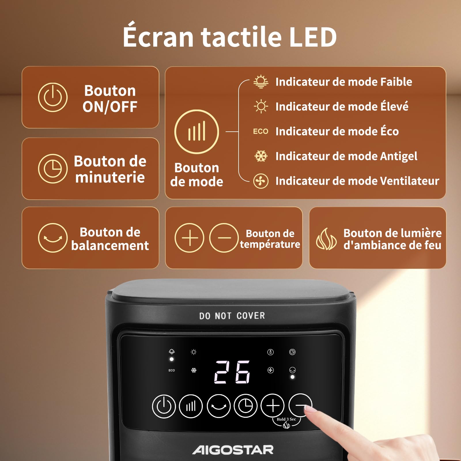 Aigostar Radiateur Électrique 2 en 1 – Chauffage 2000W + Ventilateur, Céramique PTC, Flamme 3D, 5 Modes (Hiver/Été), ECO, Silencieux, Minuterie 24H, Télécommande – pour Chambre, Bureau
