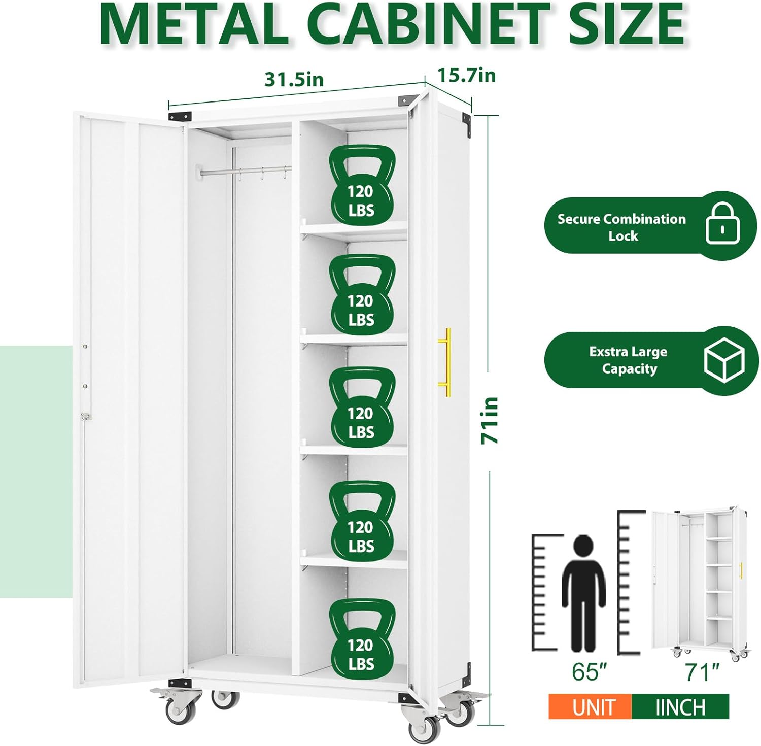 Ckzbx Metal Garage Storage Cabinet with Locking Doors and Adjustable Shelves,71" H Tool Cabinets on Wheels with Clothes Rail for Garage, Warehouse, Home Office (White)