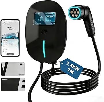 7.4kW EV Charger Type 2, 6-32A Electric Car Charger with 7M Cable & 4.3" LCD, WiFi/Bluetooth/RFID & APP Control, Single Phase, IP65 Waterproof for EVs & PHEVs
