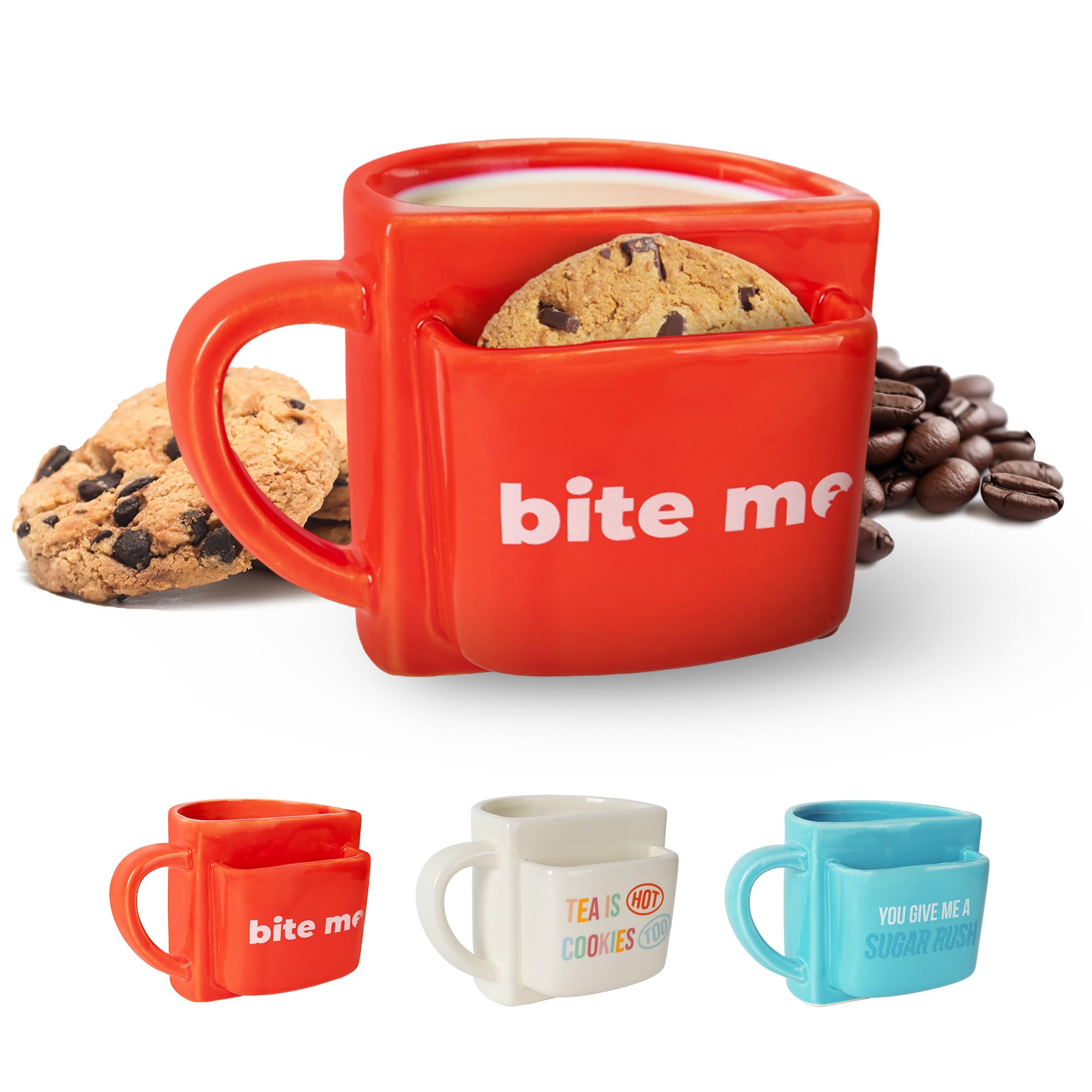 Fisura – “Bite Me” red Ceramic Mug with Cookie Pocket. Original Tea Mug for Breakfast. Funny and Modern 11 oz Cup. Original Gift idea for Tea or Coffee Lovers.