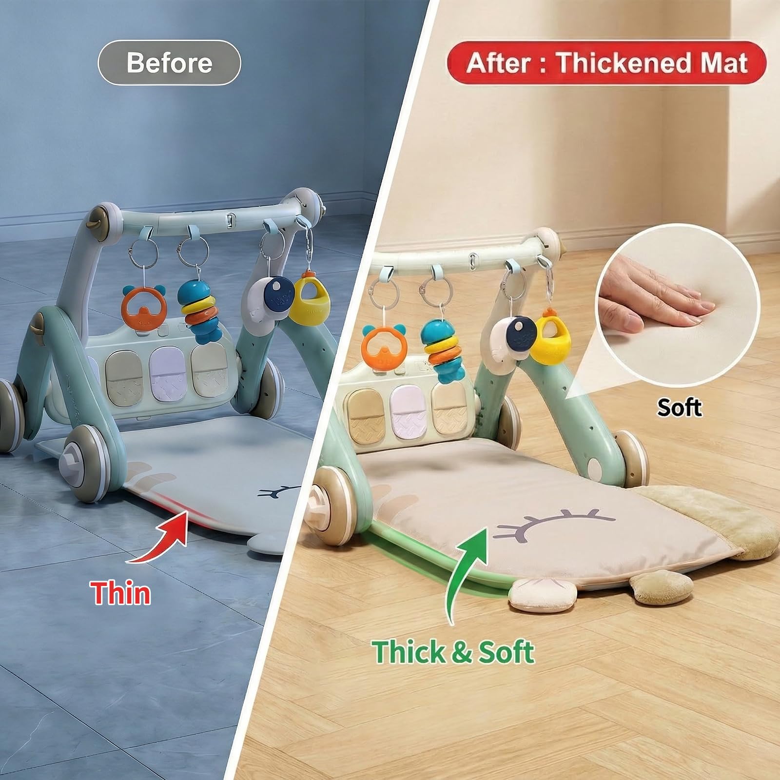 JOVOW Palestra per Bambini 2 in 1 con Passeggino, Tappetino da Gioco per Bebè con Pianoforte Giocattolo Multifunzione Doppio Lato, Passeggino di Apprendimento per Stare in Piedi per Bebè 0 a 36 Mesi