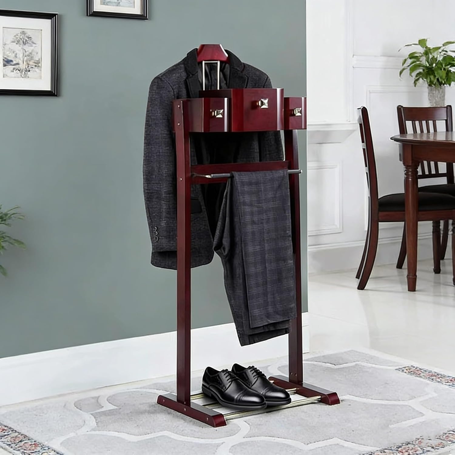 Suit Valet Stand with Drawer Freestanding Suits Rack with Dusting Brush for Bedroom Living Room Hotel Office