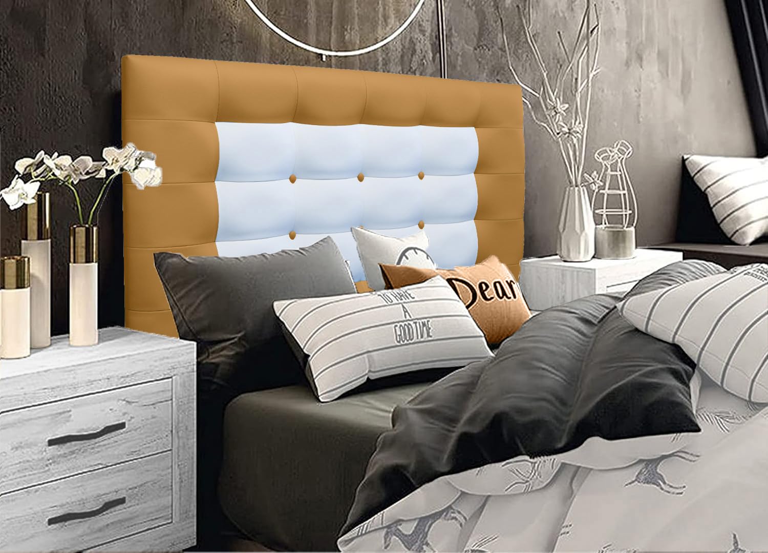 ONEK-DECCO Cabecero de Cama tapizado en Polipiel, Acolchado con Espuma, de niño, Juvenil y Adulto, Cabezal Moderno de Colgar Altura 70cm. Mod. Florida (Mostaza-Blanco con Botones, 155 X 70)