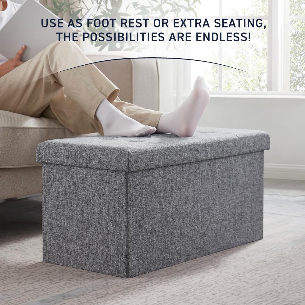 Ornavo Home Foldable Tufted Linen Large Storage Ottoman Bench Foot Rest Stool/Seat - 15" x 30" x 15" (Grey)