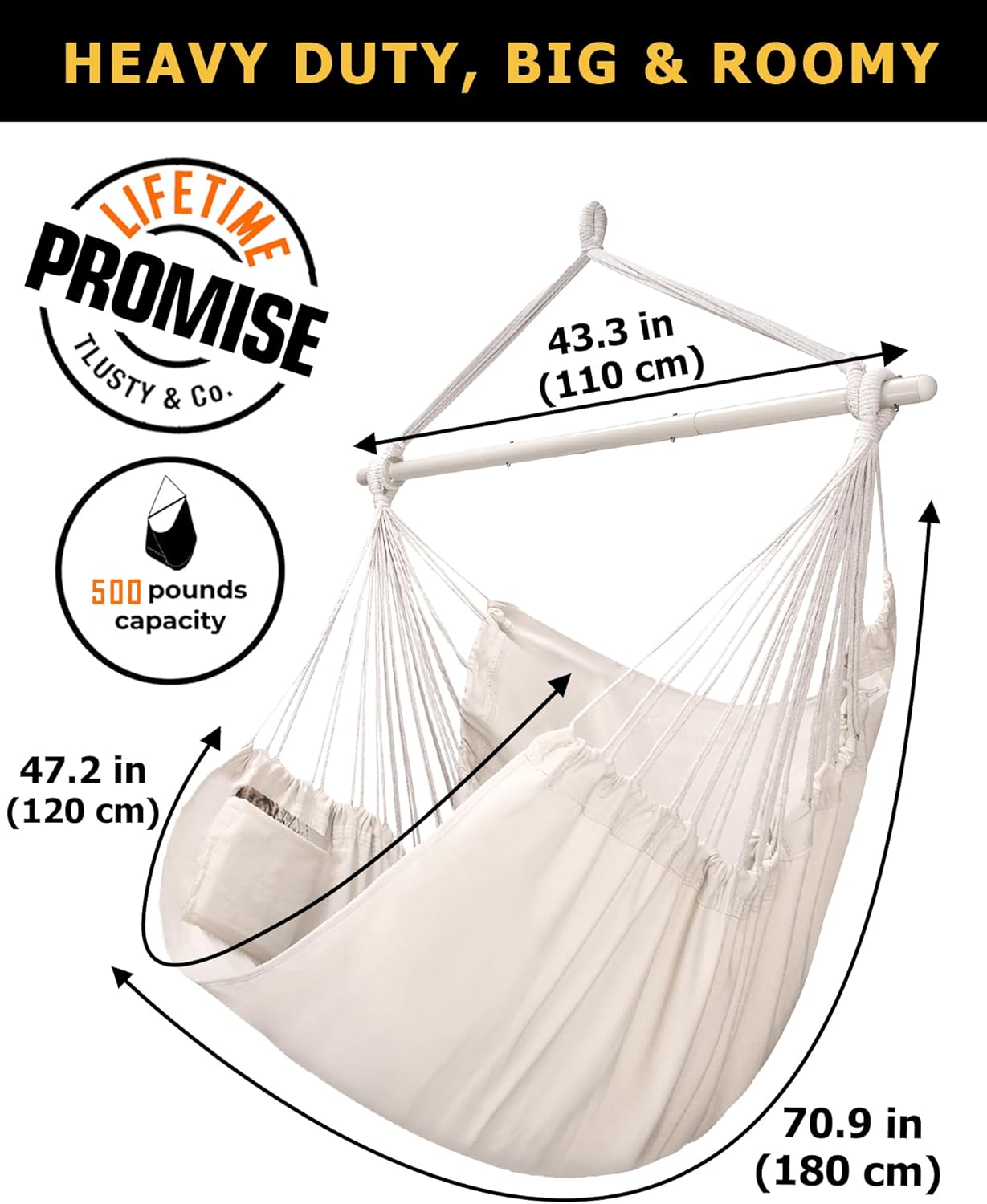 ADVOKAIR Hammock Chair Large 70.9"x47.2", 32% Bigger XXL Hanging Swing Chair with 500lbs Capacity, Heavy Duty Steel Spreader Bar, Extra Roomy Comfort for Adult Indoor Outdoor Bedroom Patio - Image 4