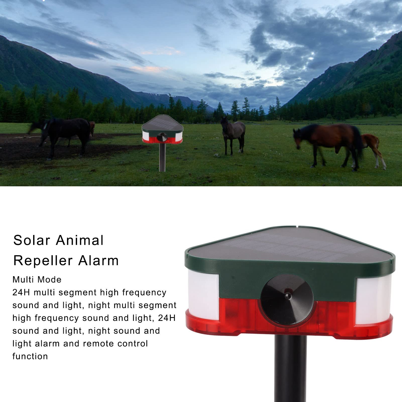 Répulsif pour Animaux à énergie Solaire, Alarme de Capteur Extérieur Longue Distance avec Télécommande, Plusieurs Modes pour Chats, Taupes, Chiens, écureuils, Cerfs, Renards, Etc.