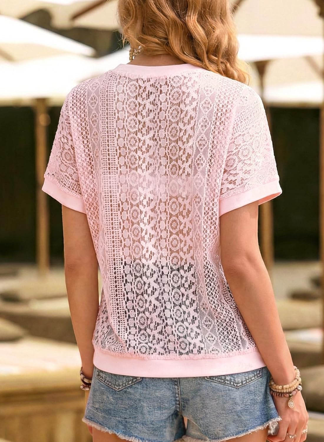 EVALESS Womens Spring Summer Tops Casual Lace Tops Crewneck Short Sleeve Shirts Cut Out T Shirts Sheer Crochet Beach Cover Up - Image 4